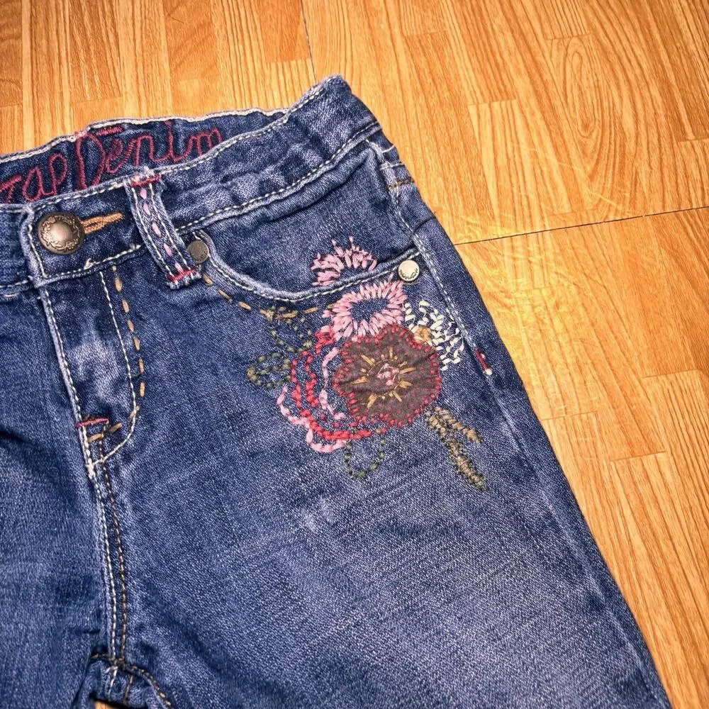 Baby Gap Toddler Girls Jeans Size 5 Years Denim Embroidered Cuffed Straight Leg
